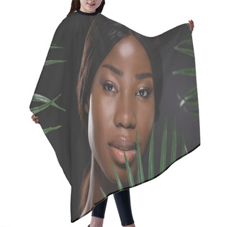 Personality  African American Woman Near Green Palm Leaves Isolated On Black Hair Cutting Cape