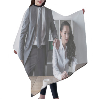 Personality  Cropped View Of Businessman Touching Shoulder Of Secretary Working On Laptop Hair Cutting Cape