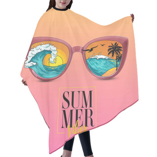 Personality  Stylish Sunglasses With Drawn Reflection Of Tropical Resort On Color Background Hair Cutting Cape
