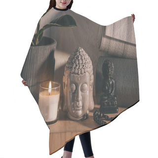 Personality  Sculptures Of Buddha And Yoga Mats On Wooden Shelf  Hair Cutting Cape