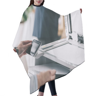 Personality  Cropped Shot Of Woman In Formal Wear Using Modern Copier Hair Cutting Cape