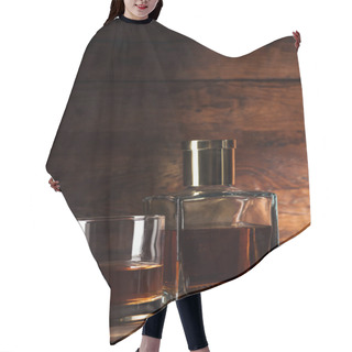 Personality  Close-up View Of Glass Of Brandy And Bottle On Wooden Table    Hair Cutting Cape