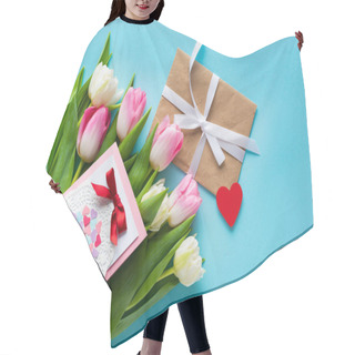 Personality  Top View Of Greeting Card On Tulips With Envelope And Heart Shaped Paper On Blue Background Hair Cutting Cape