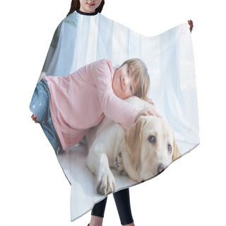 Personality  Happy Kid  With Down Syndrome And Labrador Retriever Cuddling On The Floor Hair Cutting Cape