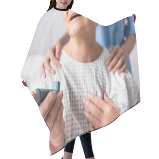 Personality  Cropped View Of Elderly Woman Holding Inhaler While Suffering From Asthma Attack Near Nurse Touching Her Shoulders, Blurred Background Hair Cutting Cape