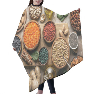 Personality  Flat Lay Of Legumes, Superfoods And Healthy Ingredients On Wooden Board With Rustic Background Hair Cutting Cape