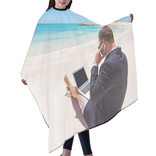 Personality  Businessman Working With Computer And Talking On Phone On The Beach Hair Cutting Cape