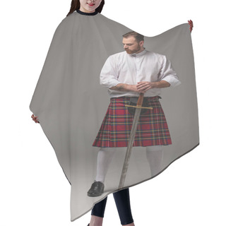 Personality  Scottish Redhead Man In Red Kilt With Sword On Grey Background Hair Cutting Cape