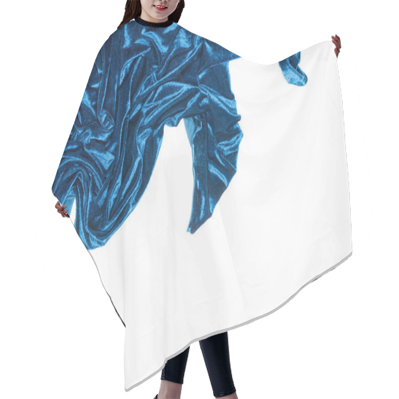 Personality  Top view of blue velvet fabric isolated on white with copy space hair cutting cape