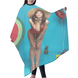 Personality  Full Length View Of Woman In Swimsuit And Straw Hat Sending Air Kiss On Blue Hair Cutting Cape