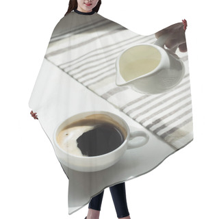 Personality  Pouring Milk Into Cup Of Black Coffee  Hair Cutting Cape