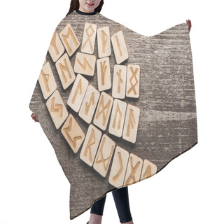 Personality  Top View Of Ethnic Runes On Wooden Surface With Copy Space Hair Cutting Cape