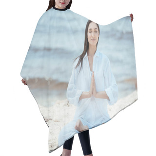 Personality  Attractive Young Asian Woman In Anjali Mudra (salutation Seal) Pose On Beach Hair Cutting Cape