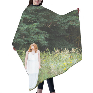 Personality  Pretty Redhead Girl In White Dress Standing In Field With Wildflowers  Hair Cutting Cape