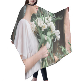 Personality  Cropped View Of Bride Posing In White Dress With Wedding Bouquet Hair Cutting Cape