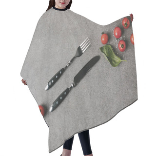 Personality  Top View Of Fresh Tomatoes, Basil And Salt With Cutlery On Grey  Hair Cutting Cape
