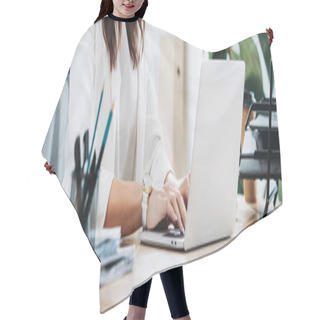 Personality  Cropped View Of Businesswoman Sitting At Table With Laptop And Typing In Office Hair Cutting Cape