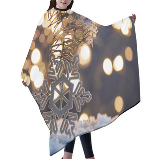 Personality  Decorative Snowflake With Spruce Branches In Snow With Christmas Lights Bokeh  Hair Cutting Cape