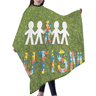 Personality  Top View Of Autism Puzzle Lettering And Special Kid Among Another On Green Background Hair Cutting Cape