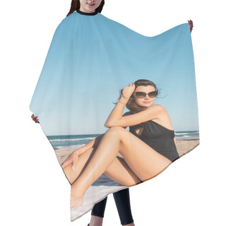 Personality  Young Woman In Swimwear And Sunglasses Sitting Blanket Near Sea Hair Cutting Cape