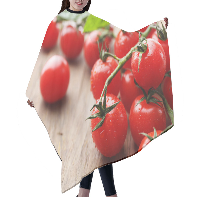 Personality  Fresh Cherry Tomatoes On Old Wooden Table Hair Cutting Cape