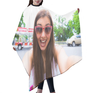 Personality  Close-up Of Trendy Funny Girl Face In Sunglasses Is Making Selfie Photo.Pretty Young Female Tourist Takes Travel Selfie In Odessa.Outdoor Portrait Of Pretty Student Girl Taking A Selfie. Hair Cutting Cape