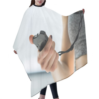 Personality  Woman Holding Stopwatch Hair Cutting Cape