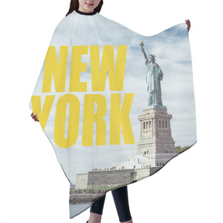 Personality  STATUE OF LIBERTY, NEW YORK, USA - OCTOBER 8, 2018: Statue Of Liberty In New York Against Blue Cloudy Sky Background With Yellow 