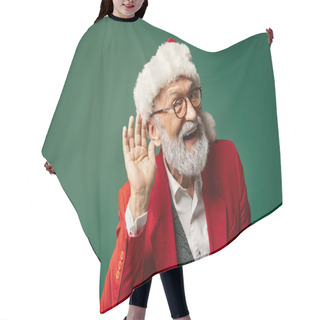 Personality  Cheerful Man Dressed As Santa With Red Hat With Hand Near Ear Looking At Camera, Winter Concept Hair Cutting Cape