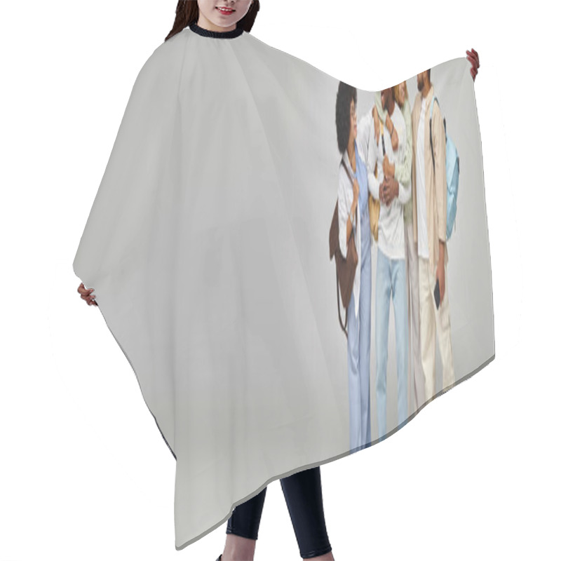 Personality  Joyful Young Group Of Friends Hugging And Smiling At Each Other, Student Lifestyle, Banner Hair Cutting Cape