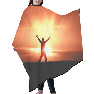 Personality  Silhouette Of Jumping Man In Field Of Grass, Bright Sun Behind Hair Cutting Cape