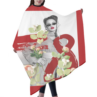 Personality  8th March Greeting Card With Stylish Woman In Retro Clothing And Sunglasses With Flowers Hair Cutting Cape