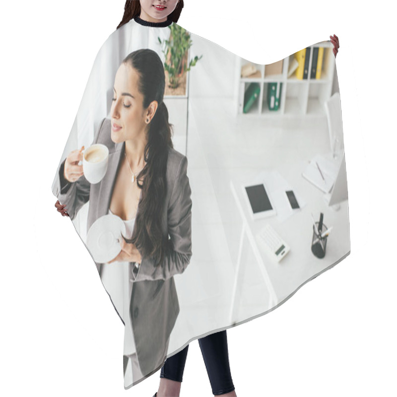 Personality  High Angle View Of Pregnant Woman Standing In Office And Drinking Coffee  Hair Cutting Cape