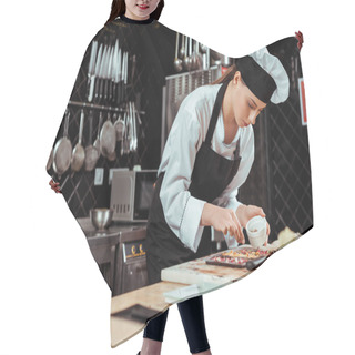 Personality  Selective Focus Of Attractive Chocolatier In Apron Looking At Dark Chocolate Bars  Hair Cutting Cape