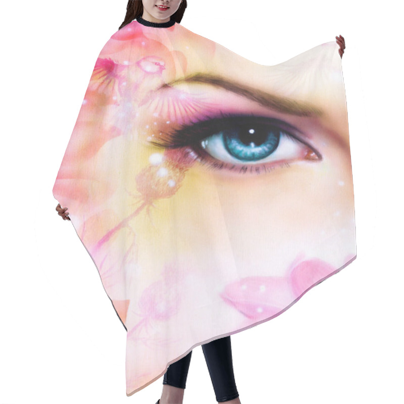 Personality  Blue Women Eye Beaming Up Enchanting From Behind A Blooming Rose Lotus Flower, With Bird On Pink Abstract Background. Hair Cutting Cape