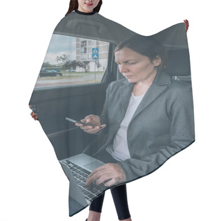 Personality  Businesswoman Using Mobile Phone And Laptop Computer In Car Whole Sitting At The Back Seat, Business Communication On The Move Hair Cutting Cape