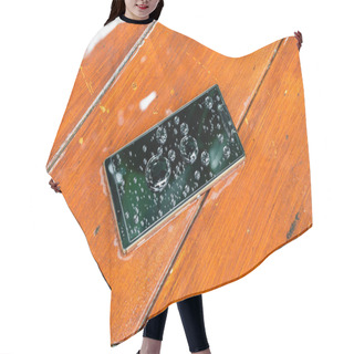 Personality  Mobile Phone With Water Drops On Wet Wooden Background Hair Cutting Cape