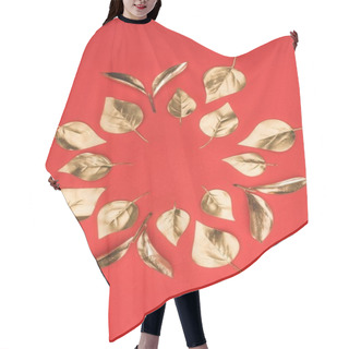 Personality  Top View Of Arranged In Circle Golden Leaves Isolated On Red Hair Cutting Cape