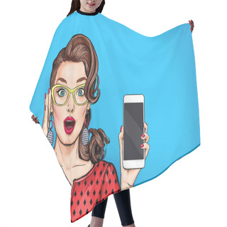 Personality  Attractive Sexy Girl In Specs With Phone In The Hand In Comic Style. Pop Art Woman Holding Smartphone. Digital Advertisement Female Model Showing The Message Or New App On Cellphone.  Hair Cutting Cape