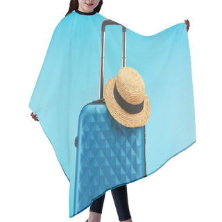 Personality  Blue Colorful Travel Bag With Handle And Straw Hat Isolated On Blue  Hair Cutting Cape