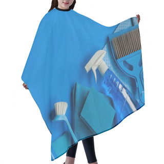 Personality  Blue Household Kit For Spring Cleaning. Top View. Copy Space. Hair Cutting Cape
