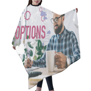 Personality  Successful Businessman With Cup Of Coffee And Computer Writing Notes At Workplace With Options Icons Hair Cutting Cape