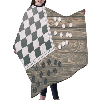 Personality  Top View Of Checkerboard With Checkers On Wooden Background With Copy Space Hair Cutting Cape