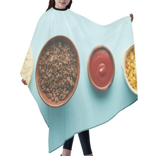 Personality  Top View Of Tortillas, Minced Meat With Corn And Ketchup In Bowls On Blue Background Hair Cutting Cape