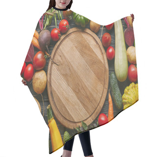 Personality  Variety Of Colorful Vegetables By Cutting Board On Dark Wooden Table Hair Cutting Cape