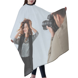 Personality  Photographer And Attractive Model  Hair Cutting Cape