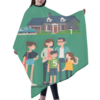Personality  Happy Family Standing In Front Of Their Home. Flat Vector Illustration On Cheerful Caucasian Parents With Three Kids And Their Suburban House With Garage And Car Hair Cutting Cape
