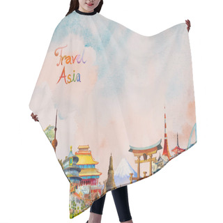 Personality  Travel Landmark Asian Ancient And Modern Architecture. Famous Landmarks Asia Of The World. Watercolor Hand Drawn Painting Illustration, Asean On Sky Blue Background, Popular Tourist Attraction. Hair Cutting Cape