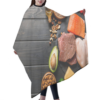 Personality  Top View Of Fresh Raw Salmon, Meat And Chicken Breasts On Wooden Black Table With Vegetables And Nuts, Ketogenic Diet Menu Hair Cutting Cape