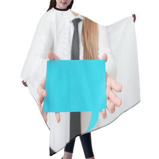 Personality  Model Wearing Bussiness Corporate Attire Illustrating Different Angle Shots Holding Empty Copy-Space Of Notebook Paper Accessories And Modern Gadget Hair Cutting Cape